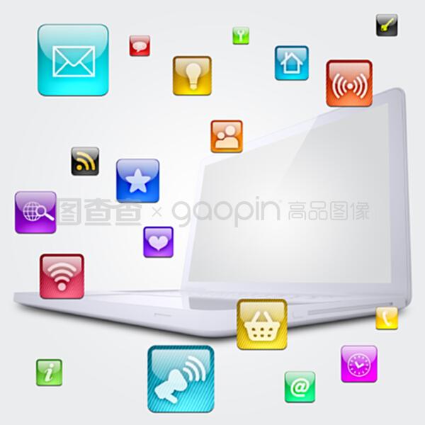 筆記本電腦與應用程序圖標 現代數字生活的雙翼